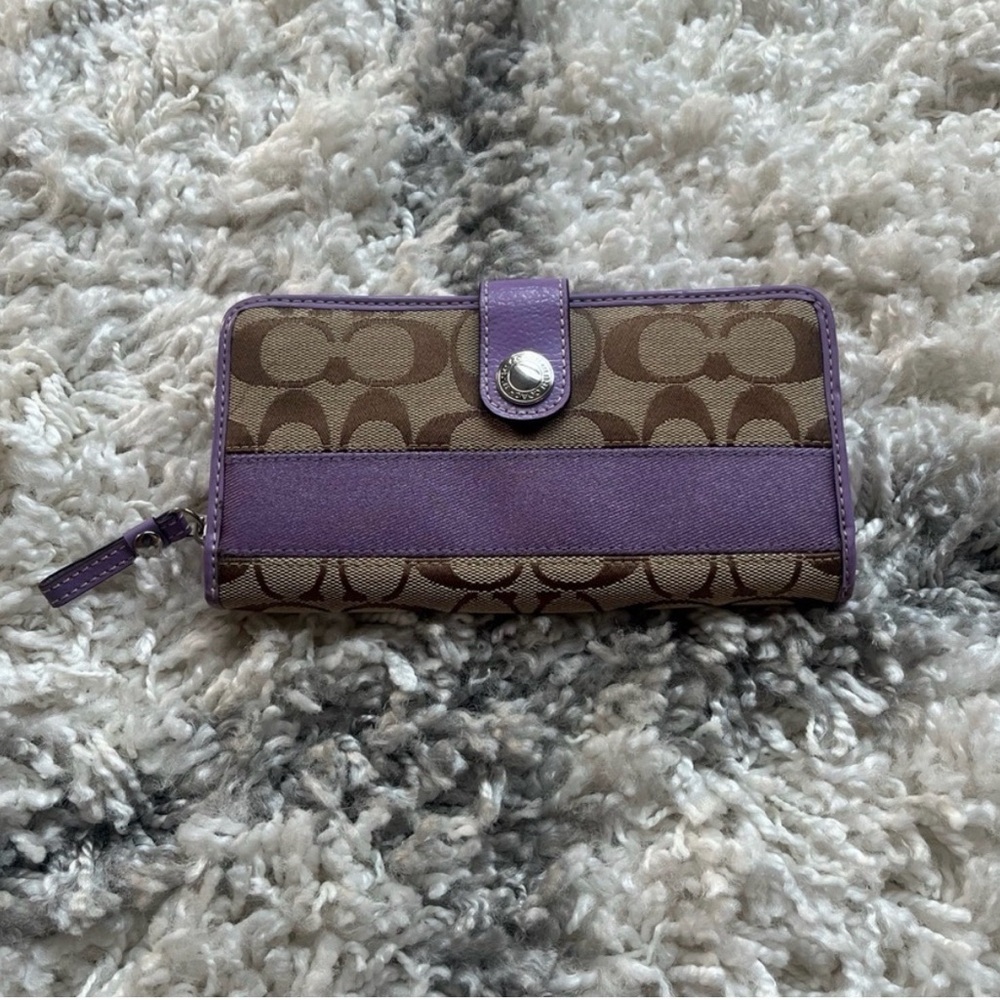 Coach Brown Signature Canvas Wallet with Purple Trim